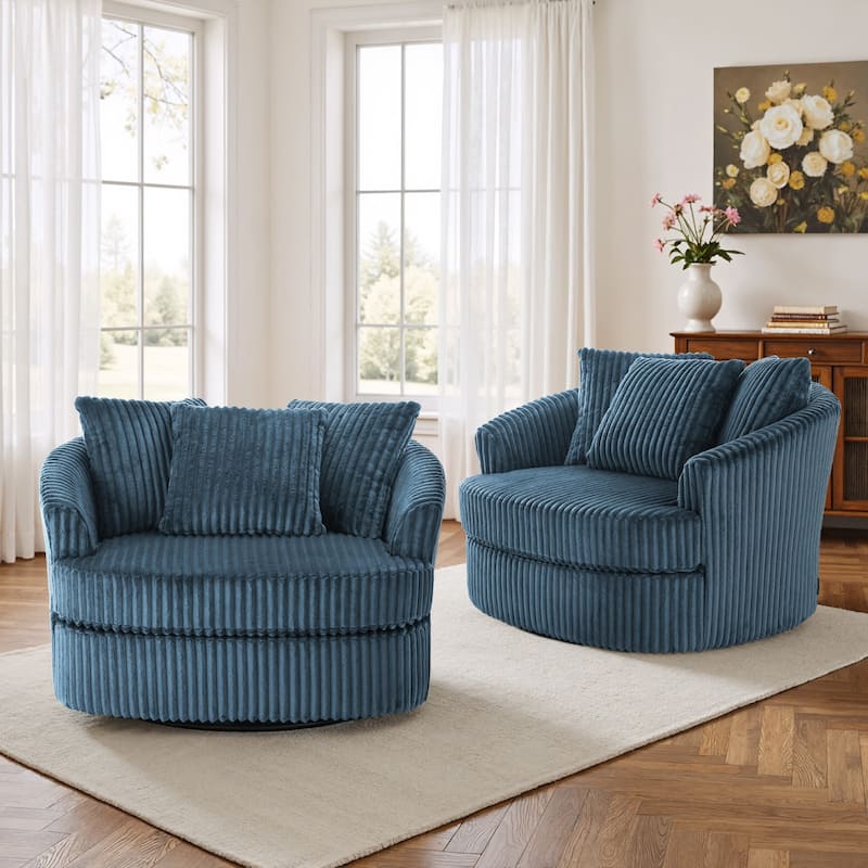 2 Set Oversized 43" W Plush Corduroy Swivel Barrel Chair with Pillows - Blue