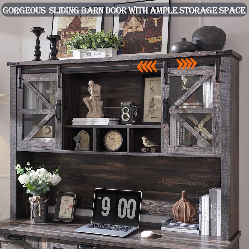 Farmhouse L Shaped Desk with Hutch, Wood Desk with Charging Station