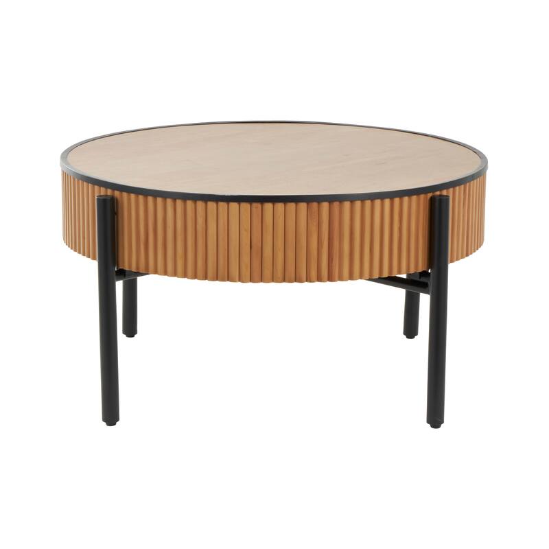 Brown Wood Handmade Slatted Drum Side End Accent Table with Black Metal Legs
