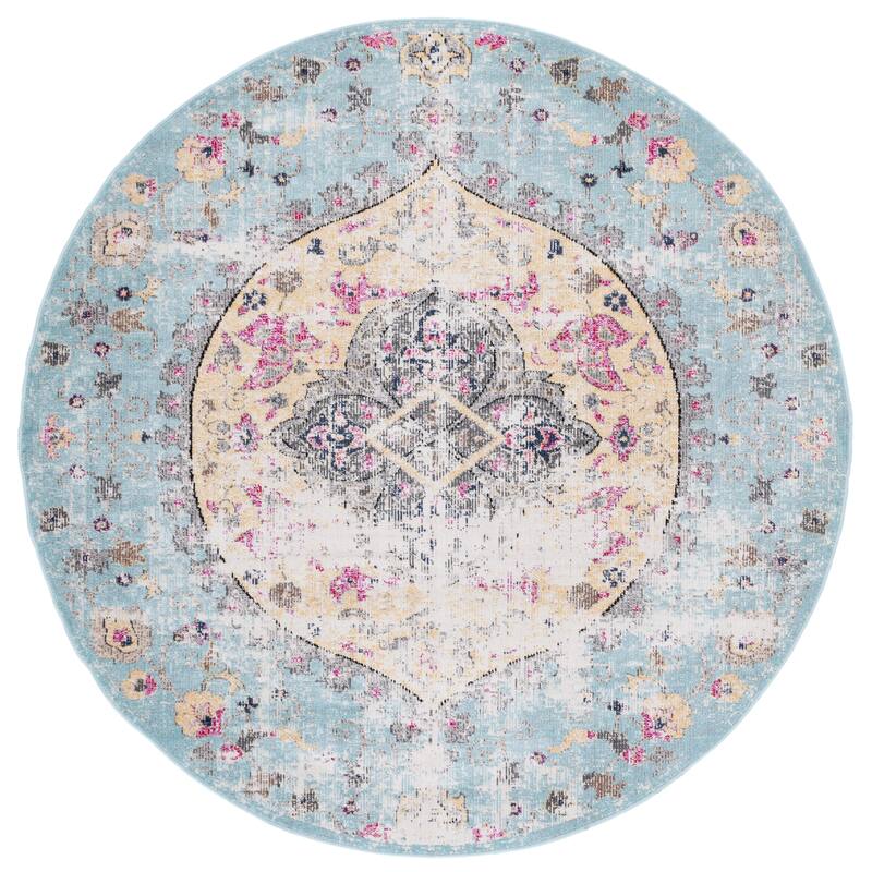 SAFAVIEH Montage Beppina Vintage Indoor/ Outdoor Waterproof Patio Backyard Rug - 6'7" Round - Blue/Multi