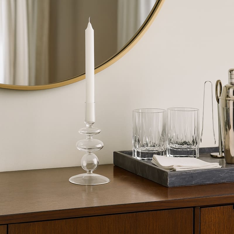 Sculptural Glass Candle Holder with Rounded Accent Base - Modern Tabletop Candle Holder for Any Room - 3" x 3" x 7" - Clear