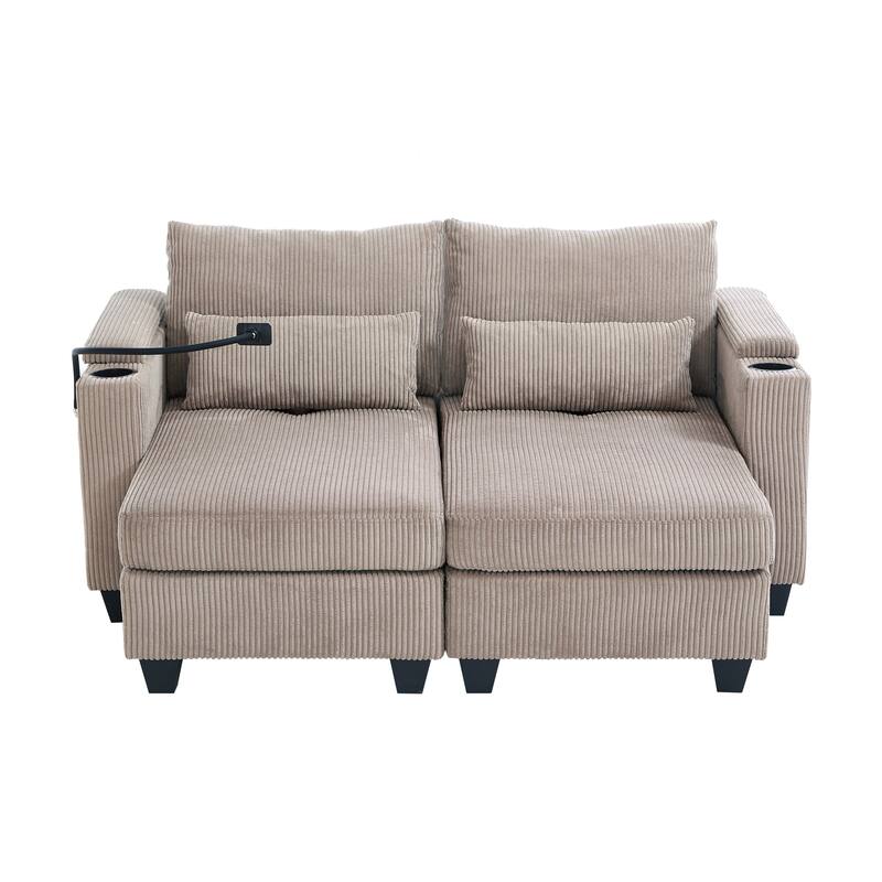 Convertible Chaise Lounge 63" Loveseat Sofa Sofa Bed Corduroy Sleeper Sofa with USB Ports, Two Cup Holders