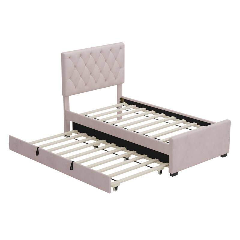 Velvet Upholstered Platform Bed with Trundle Bed & Adjustable Button Tufted Headboard
