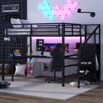 Queen Size Esports Gaming & Work Loft Bed with L-shaped Desk, USB, LED, Wardrobe and Adjustable Shelf, Versatile Metal Bed Frame