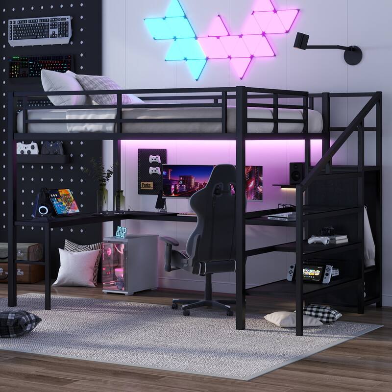 Queen Size Loft Bed with L-shaped Desk and USB, Metal Loft Bed with Wardrobe and Adjustable Shelf - Black