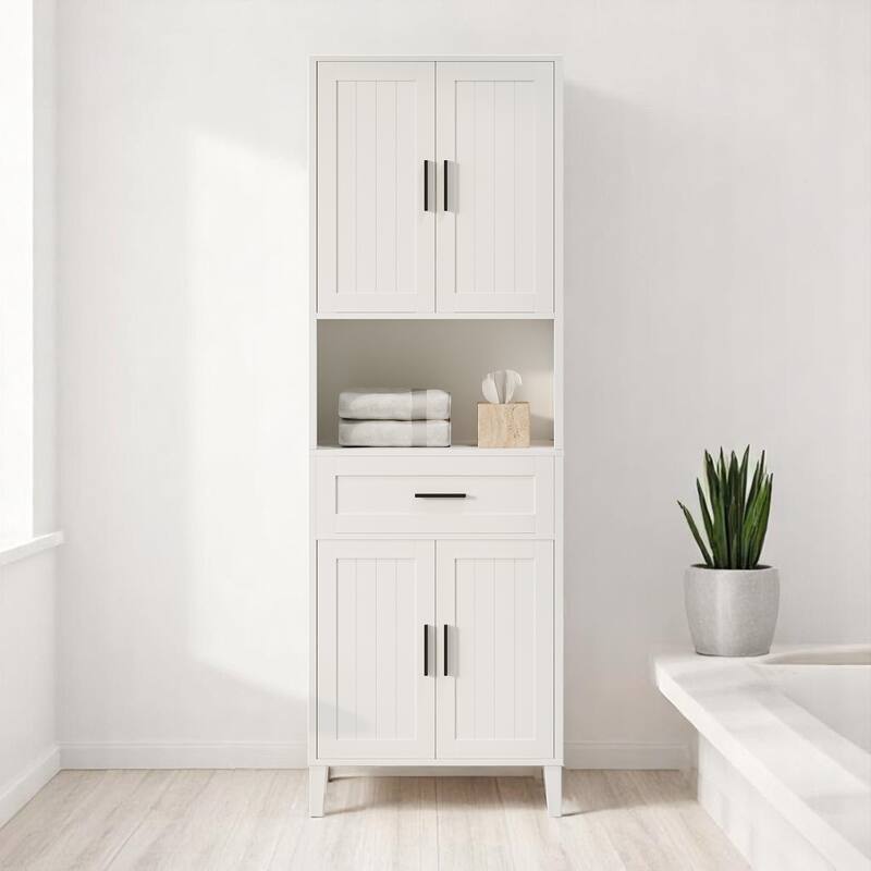 Modern Tall Bathroom Cabinet with Adjustable Shelves, Soft Close Doors, Drawer, Open Storage, 70.9" Freestanding - White