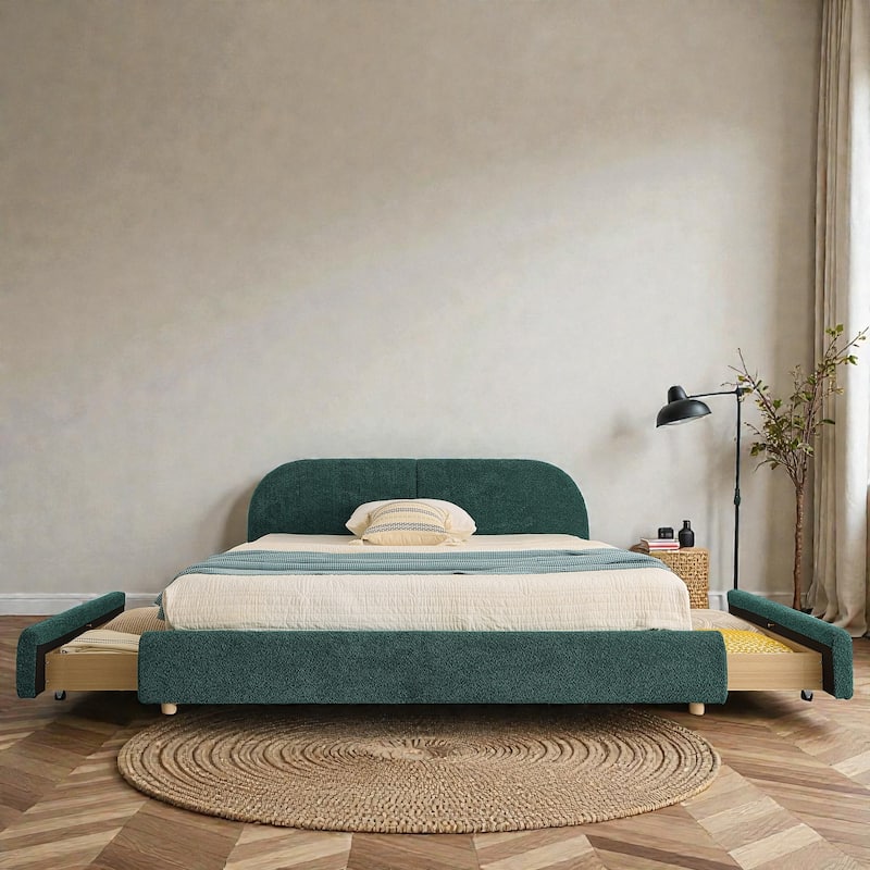 Upholstered Bed Frame with Tall Curved Headboard and Storage Drawers, Modern Minimalist Platform Bed No Box Spring