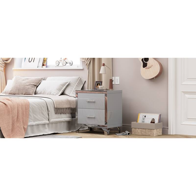 High Gloss Mirrored Nightstand with 2 Drawers,Modern End Table with Drawers,Mirrored High Gloss Wood Nightstand Metal Handle