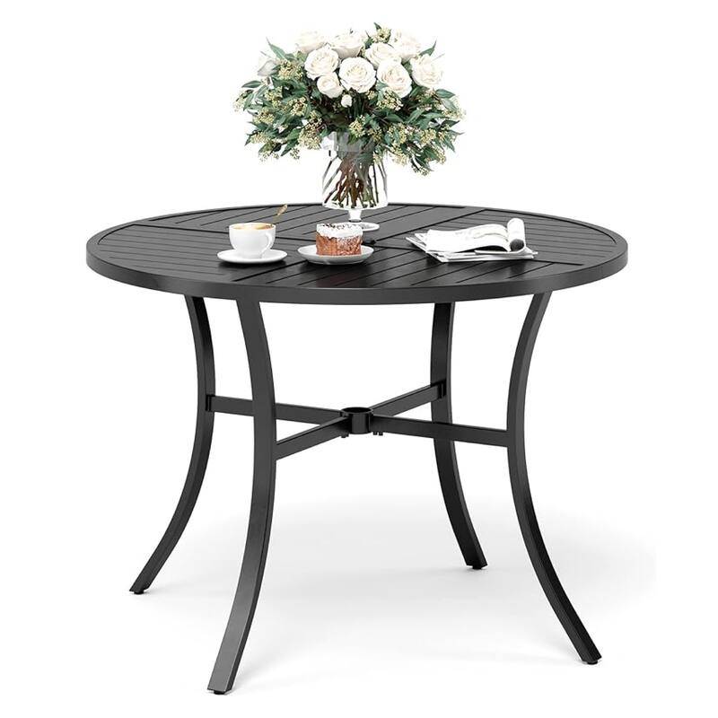 MAISON ARTS 6-Piece Patio Dining Set, Geometrically Stamped Round Table and 4 Textilene Dining Chairs with 9ft Patio Umbrella