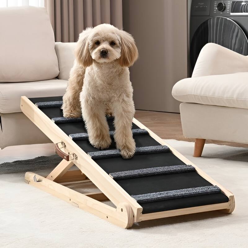 Natural-Black Wood Dog Ramp with 6-Level Adjustable Height - 41.33” L x 15.7” W x 25.59” H
