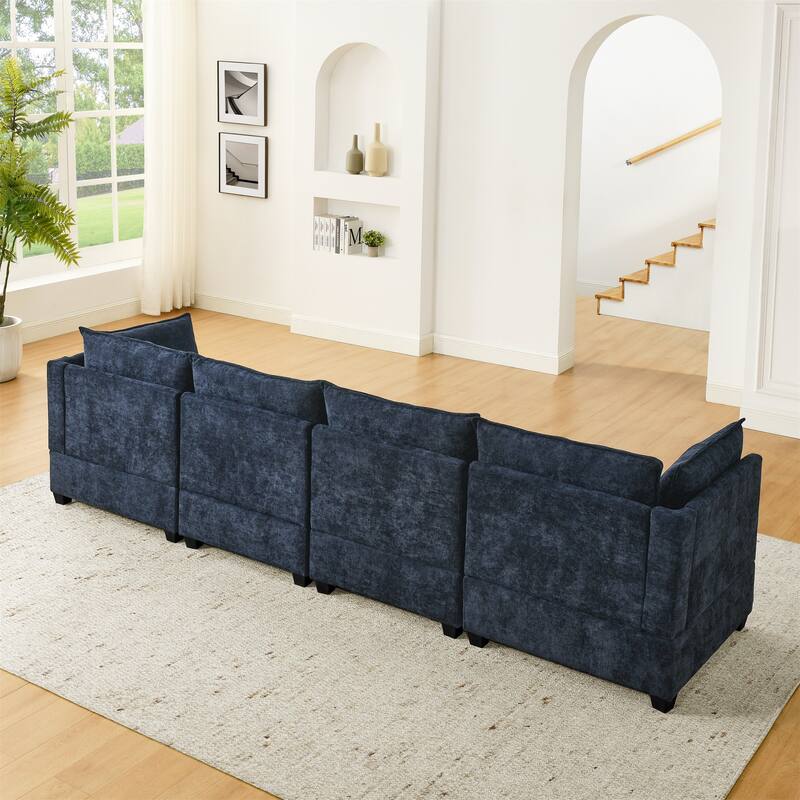 Chenille Upholstered Sectional Sofa with 2 Ottoman Chaise Lounge and Throw Pillows, Deep Seat Sleeper Cloud Couches, 4 Seat