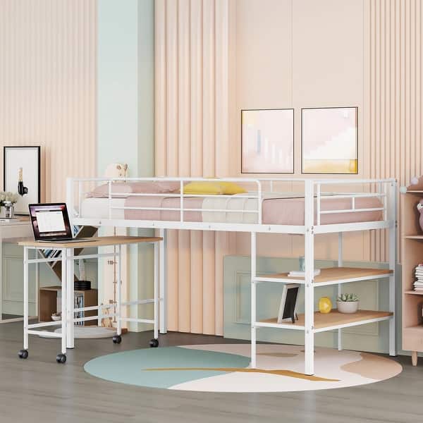slide 2 of 15, White Twin Metal Loft Bed with Desk & Shelves White