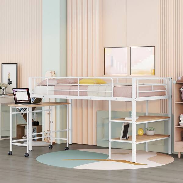 slide 2 of 15, White Twin Size Metal Loft Bed with Desk and Shelves for Kids White