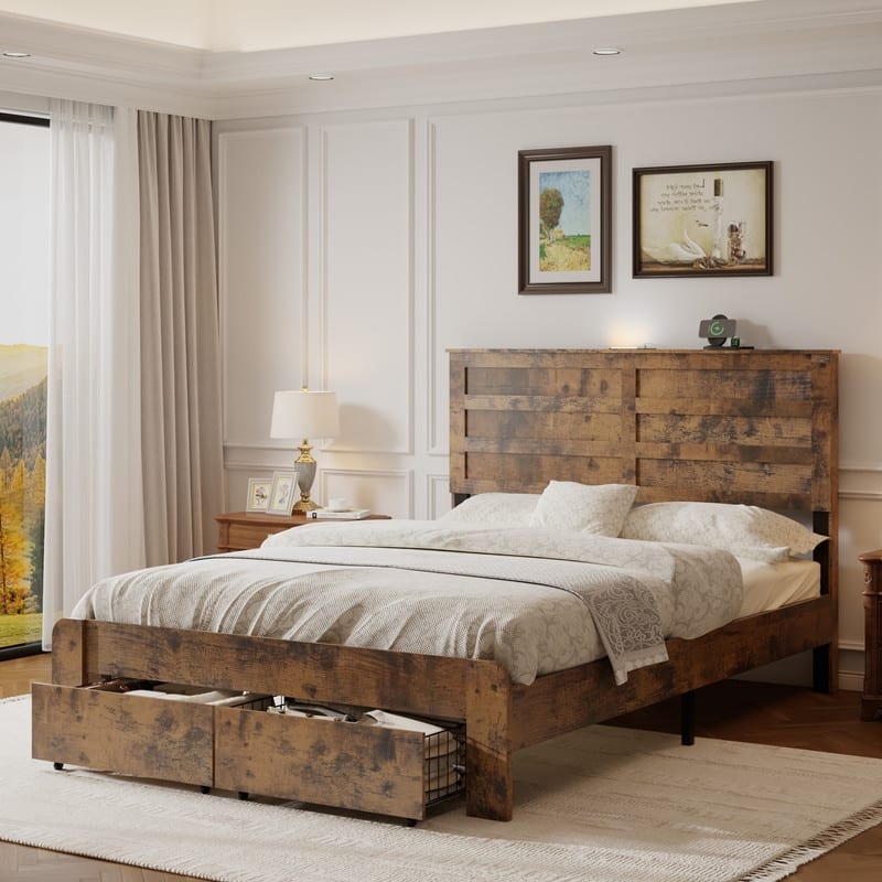 Rustic Wood Platform Bed Frame with 2 Storage Drawers