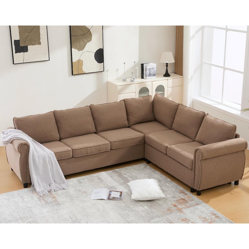 2 in 1 Pull Out 6 Seater L Shaped Sleeper Sectional Sofa Bed, 104" Brown
