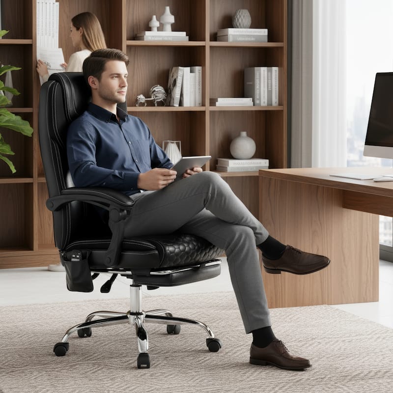 High-Back Executive Office Chair with Massage, Heat and Reclining Footrest - Ergonomic Leather Chair