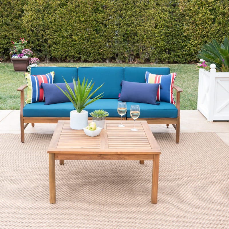 Perla Outdoor Acacia 4-pc. Cushioned Sofa and Table Set by Christopher Knight Home - Teak + Blue Cushion