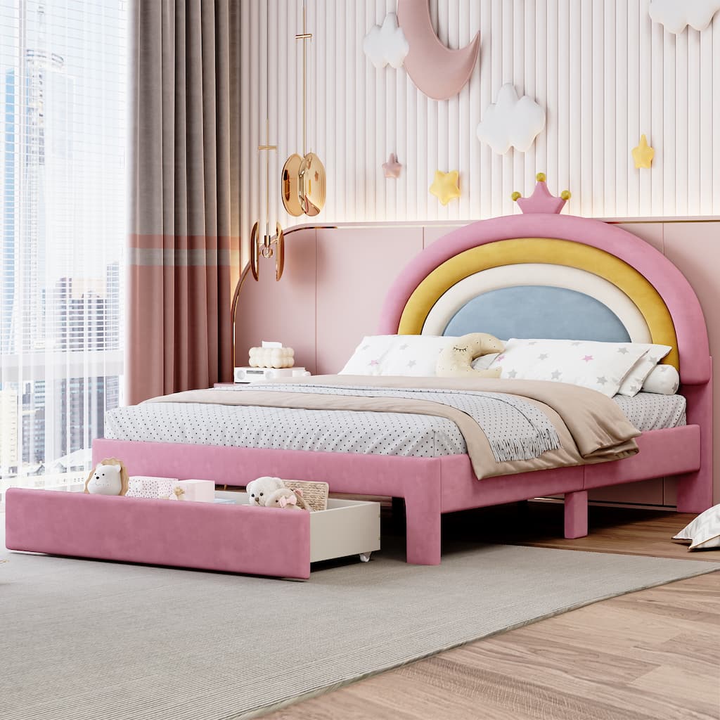 Rainbow Velvet Platform Bed with Storage Drawer, No Box-Spring Needed