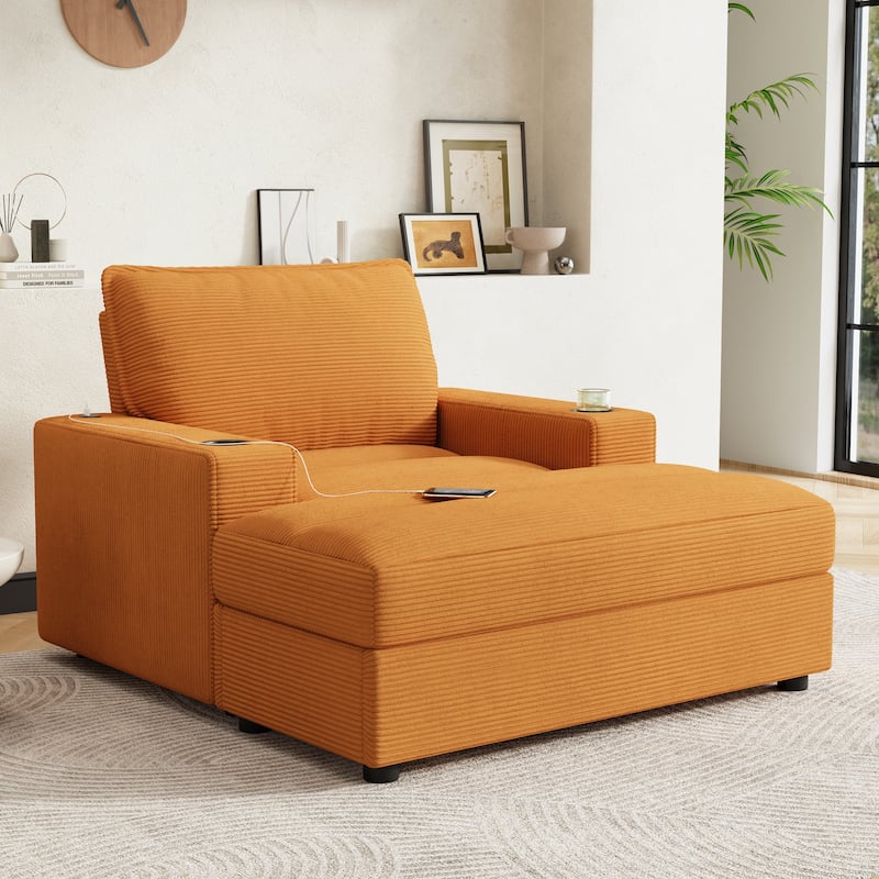 42.8" Oversized Chaise Lounge Chair with Storage Ottoman, Corduroy Sofa Bed with Cup Holders & USB Charging Port
