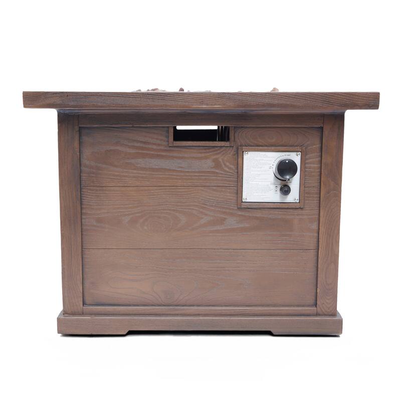 Roomfitters Outdoor Gas Fire Pit Table with Wood-Look Design, Square Propane Fire Pit with Lava Rocks, Brown