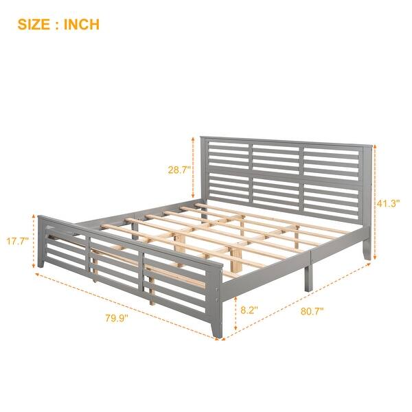 King Size Platform Bed with Horizontal Strip Hollow Shape, Solid Wood