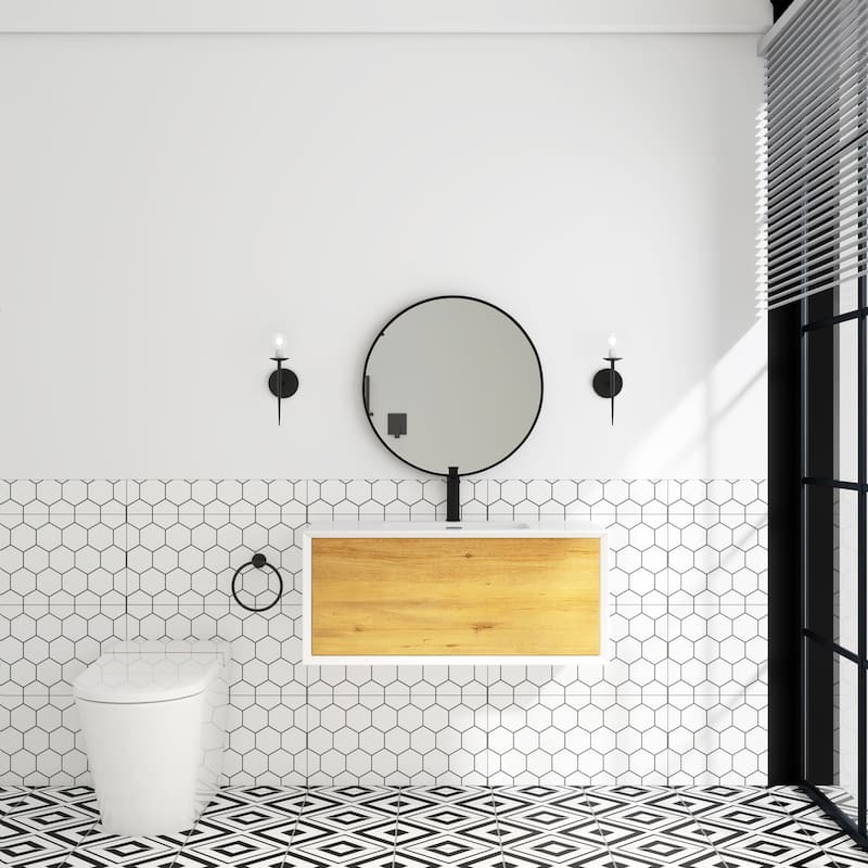 Wall-Mounted 1-drawer Bathroom Vanity Set in White and Oak with Integrated Solid Surface Sink - 36"