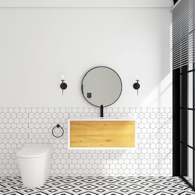 Wall-Mounted 1-drawer Bathroom Vanity Set in White and Oak with Integrated Solid Surface Sink