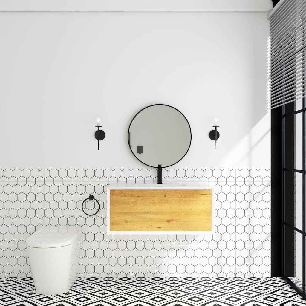 Wall-Mounted 1-drawer Bathroom Vanity Set in White and Oak with Integrated Solid Surface Sink