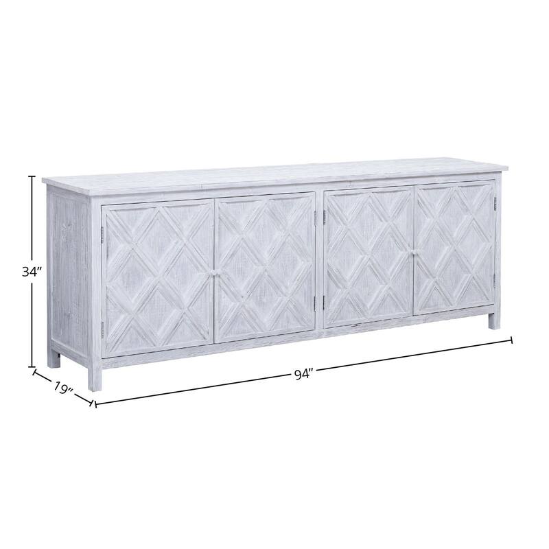 Kendra 94" Reclaimed Pine White Washed Painted Carved Sideboard