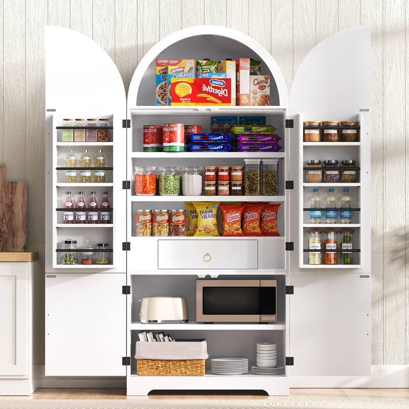 72" Tall Arched Kitchen Pantry Cabinet with 8 Door Shelves, Fluted Storage Cabinets with 3 Adjustable Shelves