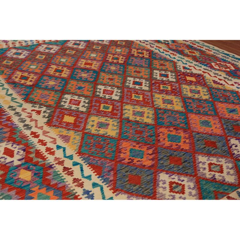 Geometric Trellis Kilim Oriental Area Rug Hand-Woven Wool Carpet - 10'5"x 13'0"