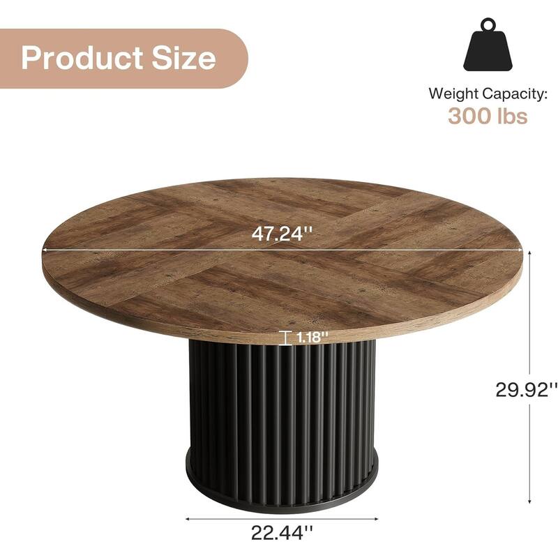 Round Dining Table Home Office Table, Wood Kitchen Table for 4-6 People, Textured Top Coffee Table with Fluted Base