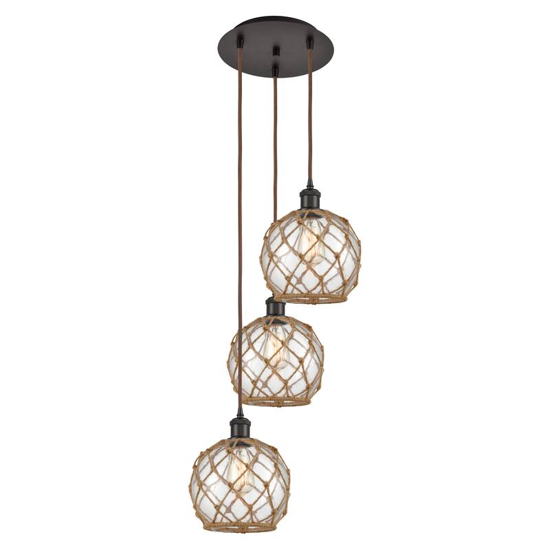 Innovations Lighting Endless Possibilities Ballston - Farmhouse Rope - 3 Light 15" Cord Hung Multi Pendant - Clear Glass with Brown Rope/Oil Rubbed Bronze
