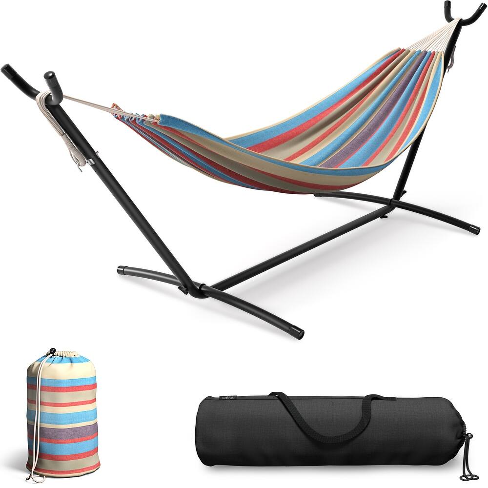 Brazilian Blue, Sand, Purple, Red Stripes Double Hammock with Stand