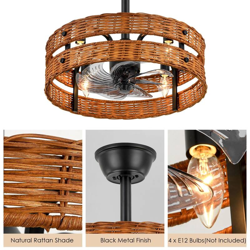 4-Light Farmhouse Brown and Black Woven Rattan Drum Ceiling Fan Lighting with Remote Control - 19.3 in. W x 6.9 in. H