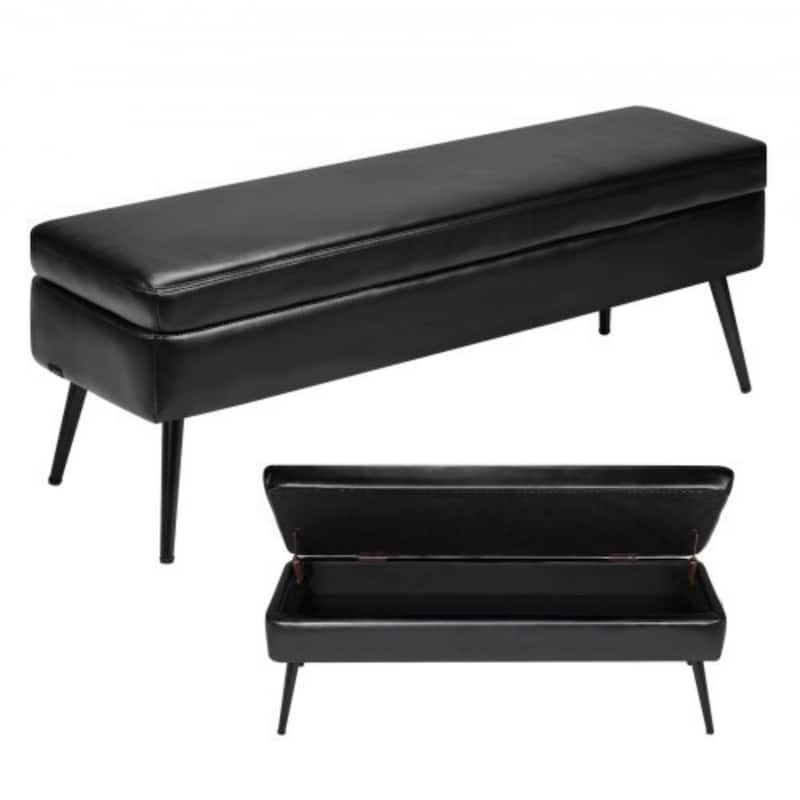 PU Leather Storage Bench with Iron Legs Thick Cushion Seat - 47.2 x 15.7 x 17.7 - Black