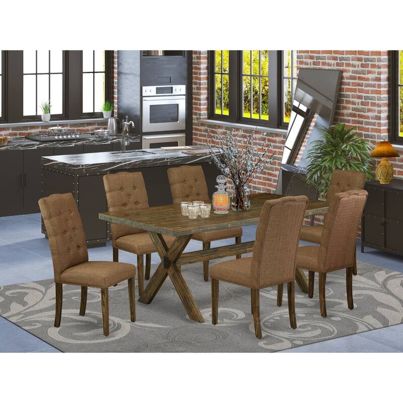7-Piece Dinette Set - Black & Mineral Blue Dining Table with 6 Padded Chairs - 72