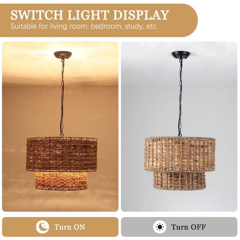 5-Light Farmhouse 2-Tier Candlestick Hanging Linear Chandelier Lighting with Rattan Cover for Dining Room Kitchen Island