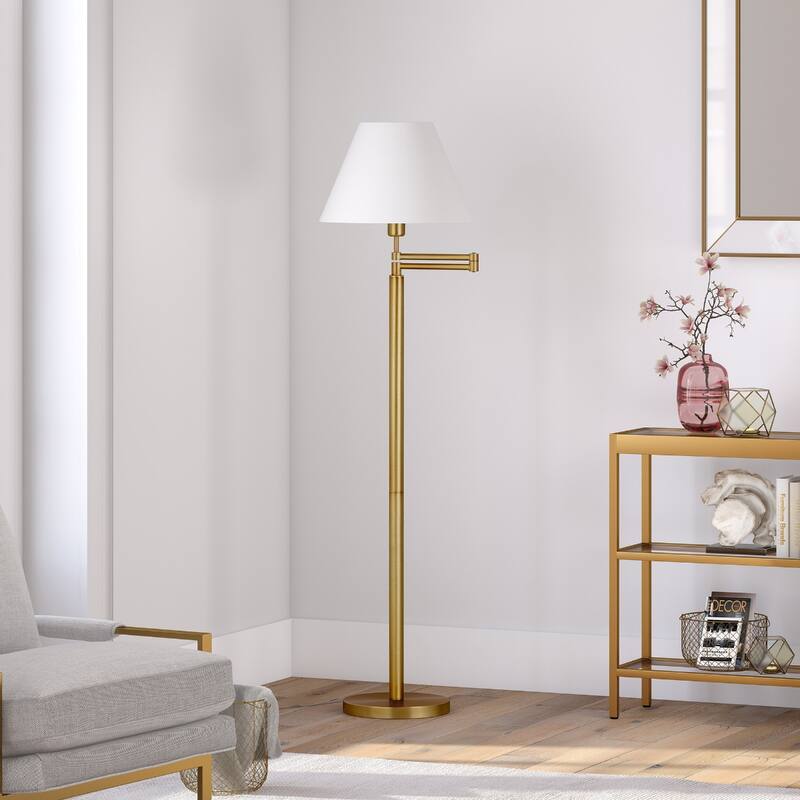 62" Modern Swing Arm Floor Lamp with Linen Shade and Rotary Switch Metal Base for Living Room - 62”H x 26”W x 16”D