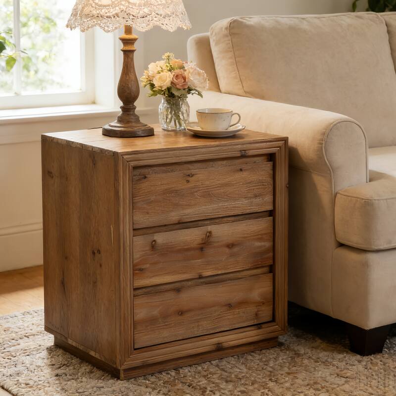 23.62" Solid Wood End Table with 3 Drawers