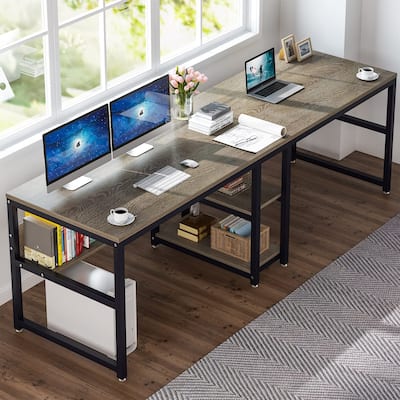 78.7" Two Person Desk with Bookshelf, Office Double Desk for Two Person