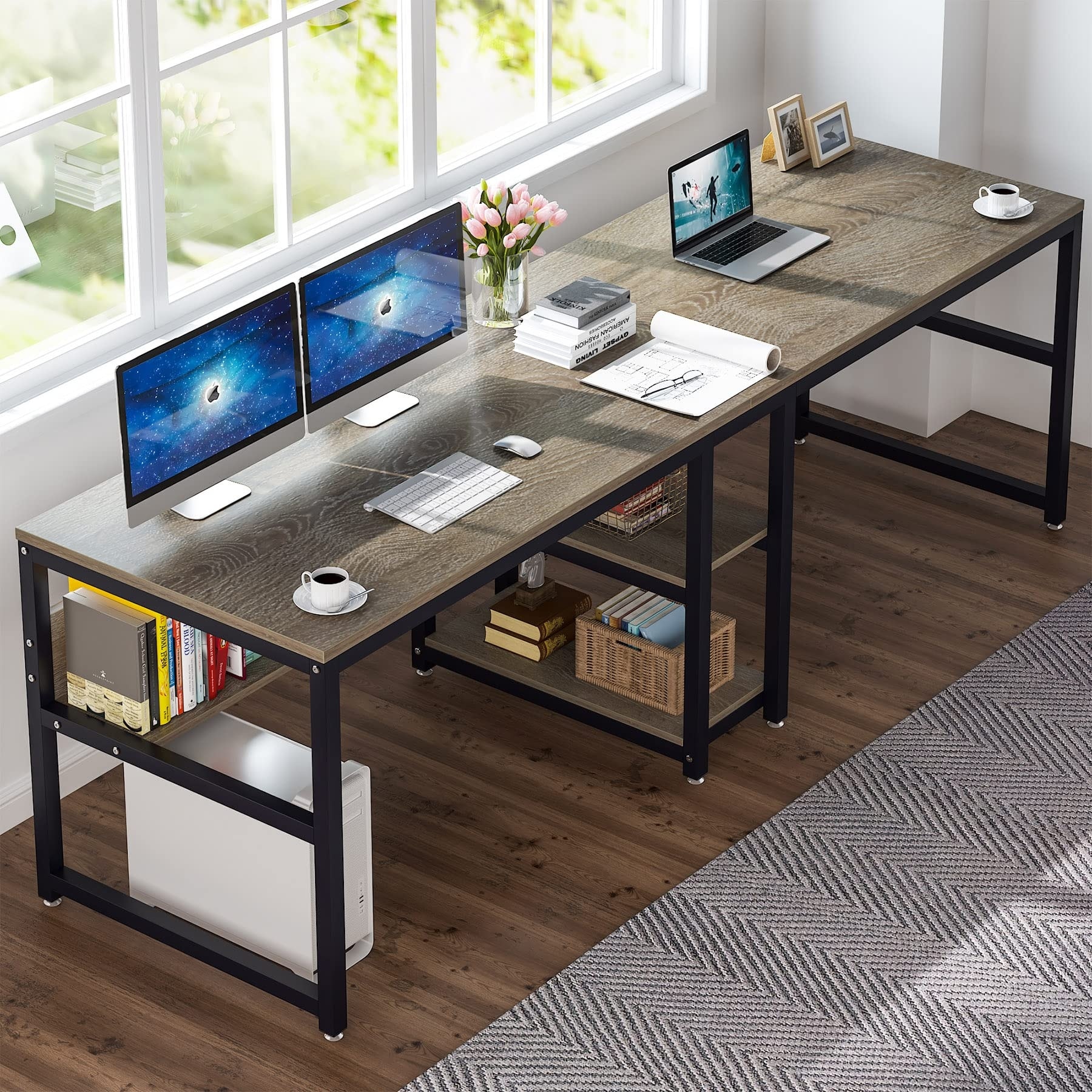 78.7" Two Person Desk with Bookshelf, Office Double Desk for Two Person