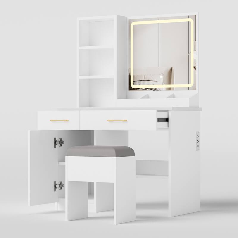 Makeup Vanity Desk with Mirror and Lights, Vanity Table with Power Outlet and 3 Lighting Modes, Dressing Table Set with Stool