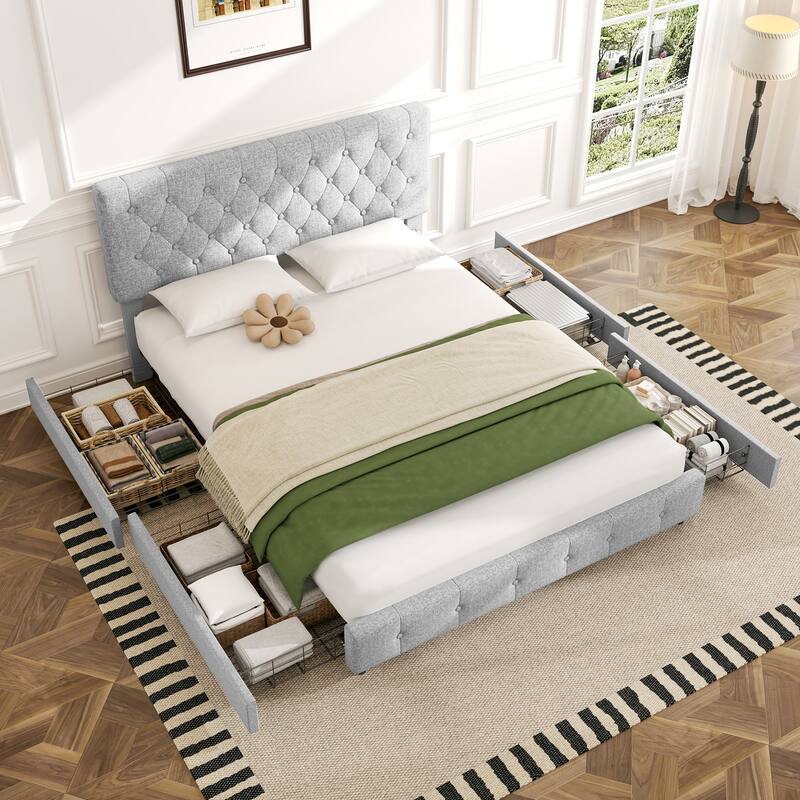 Linen Upholstered Headboard Bed Frame with Large Hidden Storage, 4 Underbed Drawers with Pulleys