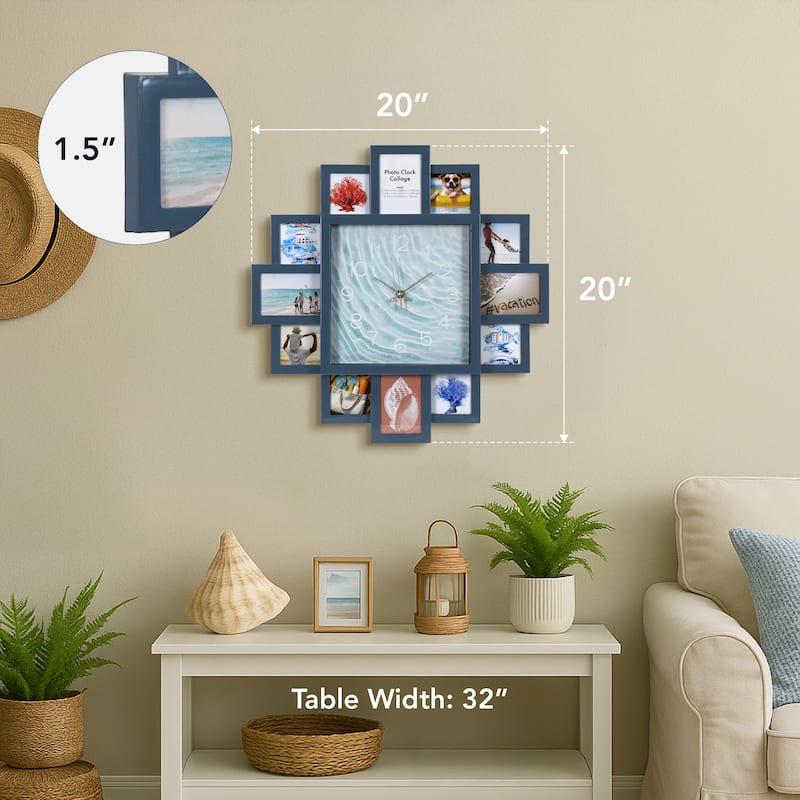 American Art Decor Picture Frame Collage Wall Clock 12 Photo Display Slots