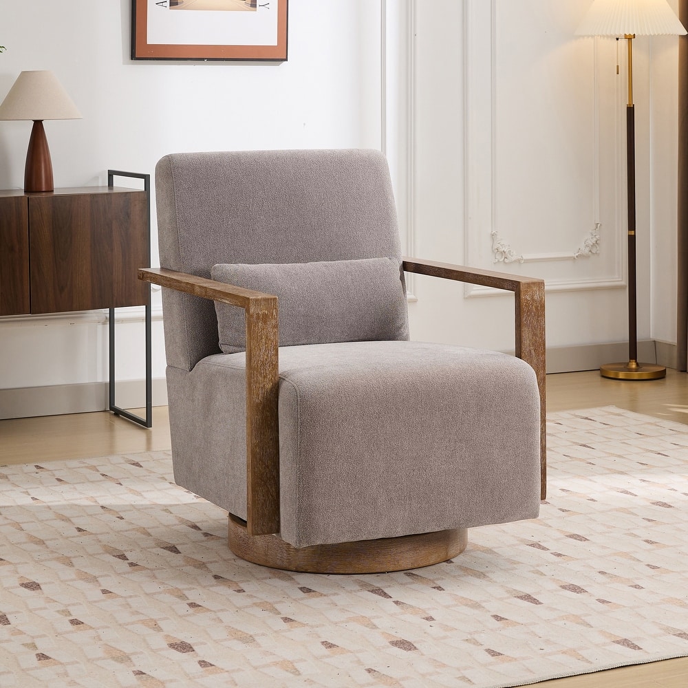 Mid-Century Boucle Upholstered Swivel Armchair With Pillow