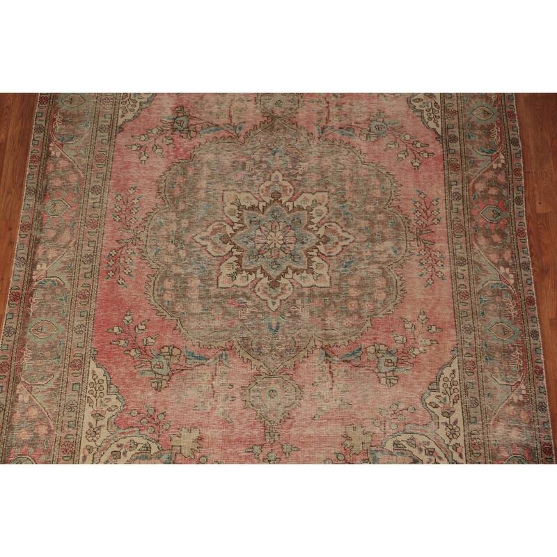 Pink Tabriz Persian Vintage Area Rug Handmade Wool Carpet - 6'3" x 9'5"