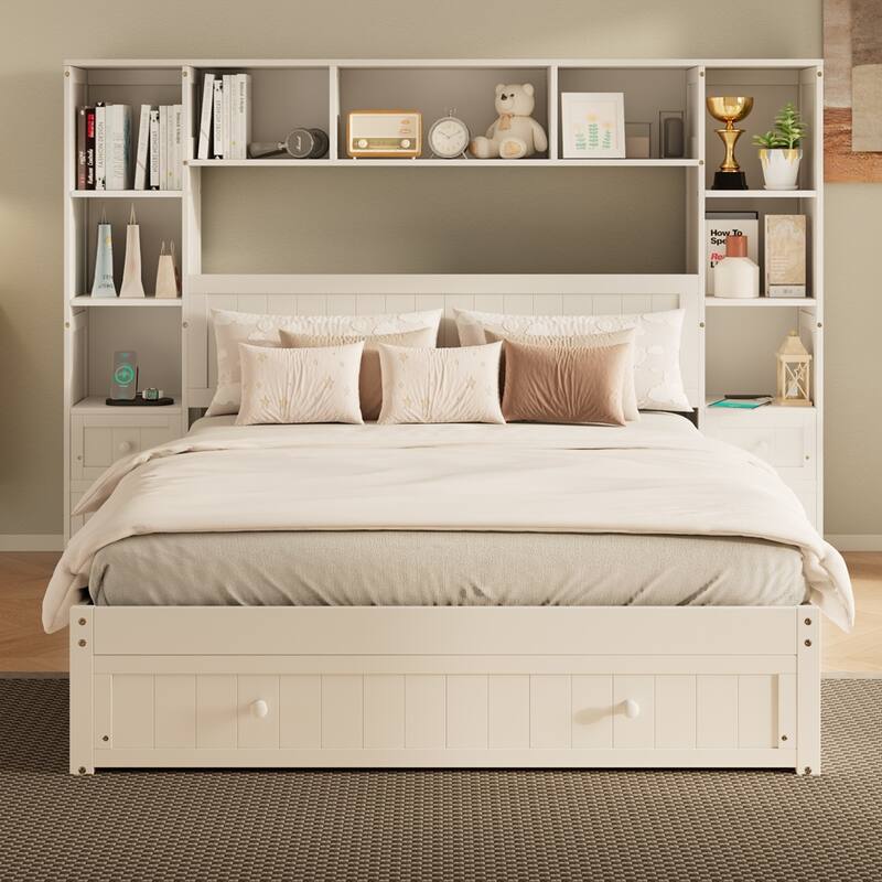 Versatile Wood Platform Bed with Integrated Storage and Charging Facilities