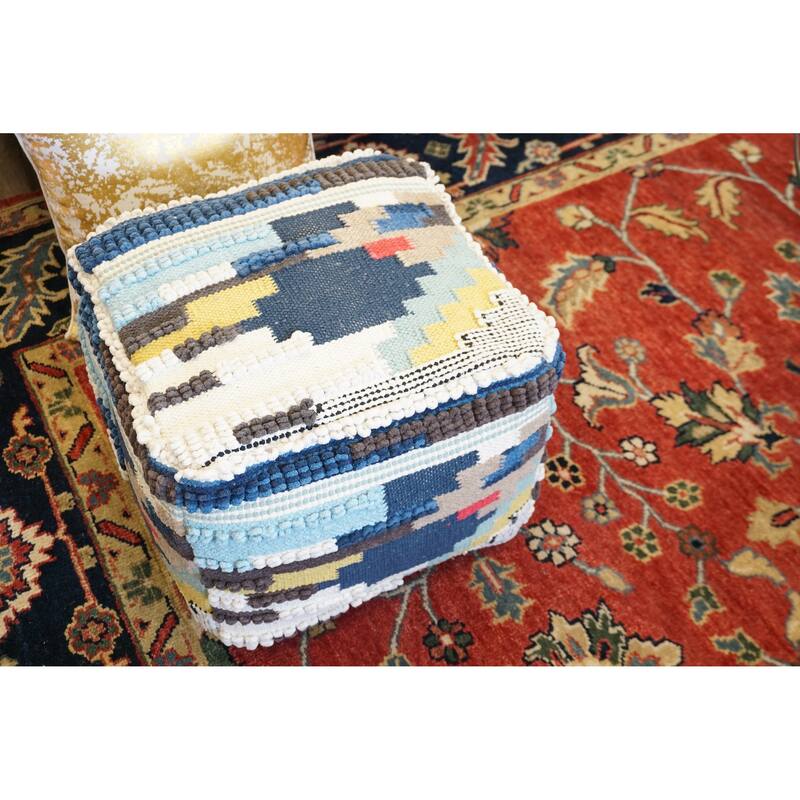 Home&Manor Wool Cotton Carly Cube Pouf