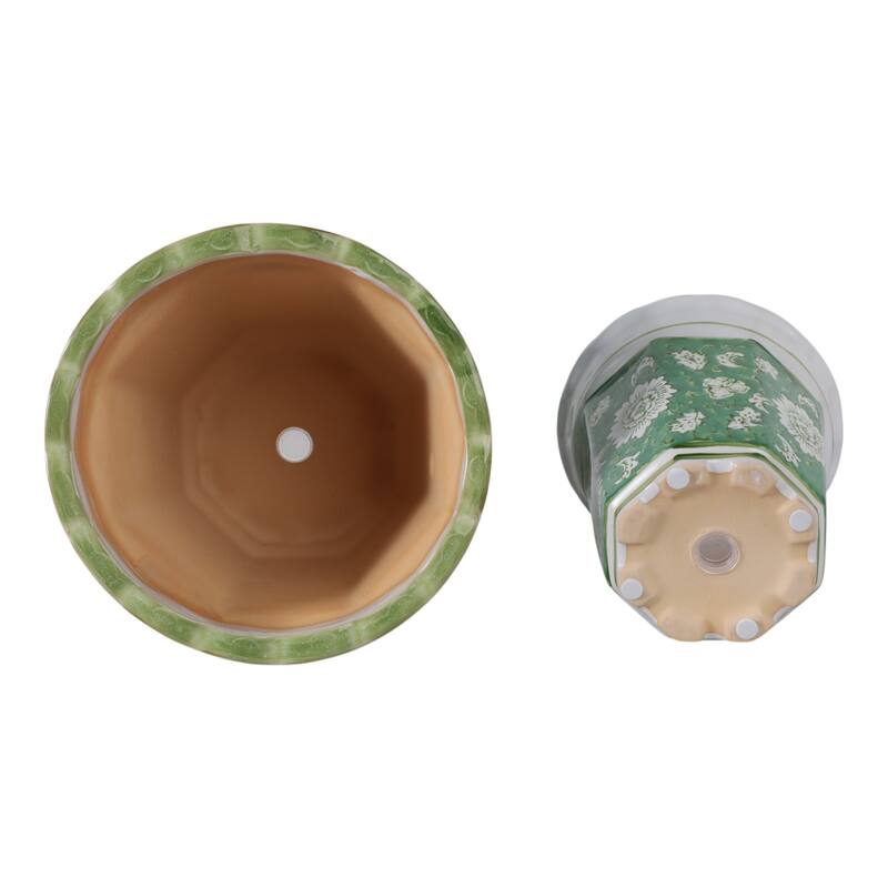 Ceramic Planters With Floral Embossing - Set of 2, Green